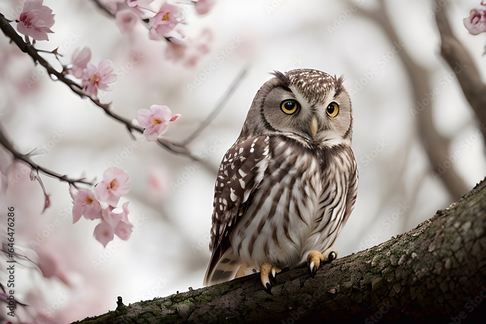 A little owl sits on a blooming tree. Beautiful wildlife. Generative AI A little owl sits on a blooming tree. Beautiful wildlife. Generative AI