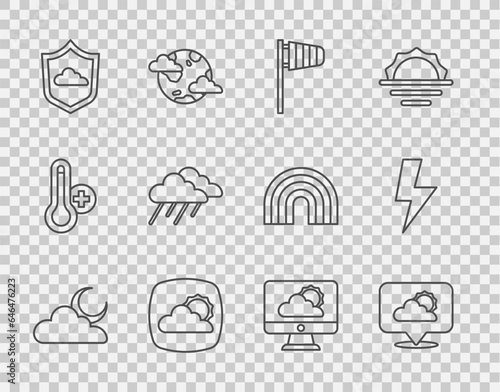 Set line Cloud with moon, Location cloud, Cone windsock wind vane, Weather forecast, rain, and Lightning bolt icon. Vector