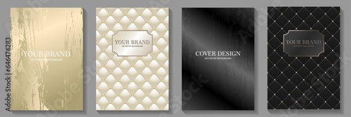 Black and gold elegant cover design set. Modern Luxury vector art background. Premium fashionable template for cover design, invitation, flyer, wedding card, note book, menu design. Seamless pattern.
