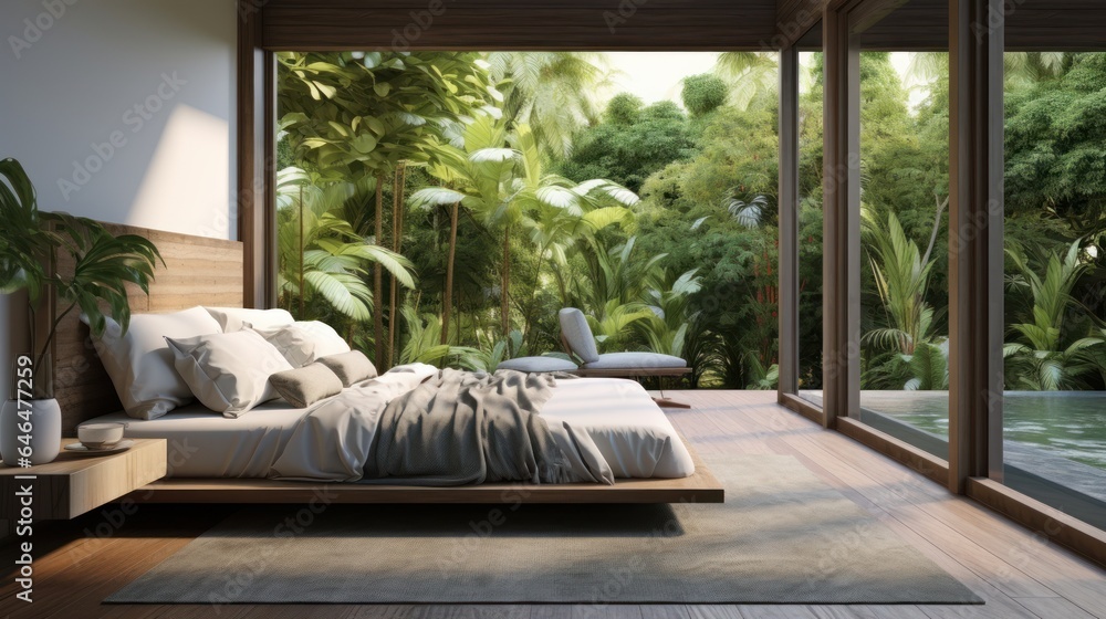 Fototapeta premium Interior of cozy minimalist bedroom in luxury villa or hotel. Decorative wall, wooden floor, comfortable bed, terrace, floor-to-ceiling windows with garden view. Ecostyle home design. 3D rendering.