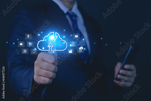 Businessman showing cloud computing icon A network of cloud computers connected to an Internet server service for cloud data transfer. cloud computing technology photo