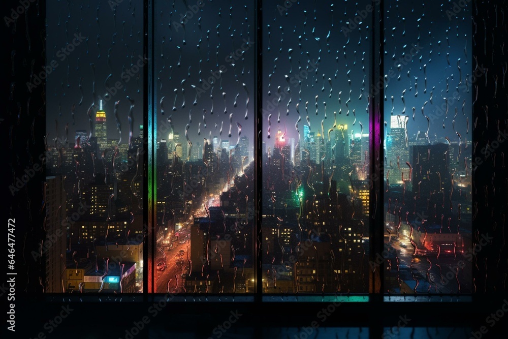 vibrant cityscape with colorful lights and rainfall. Generative AI