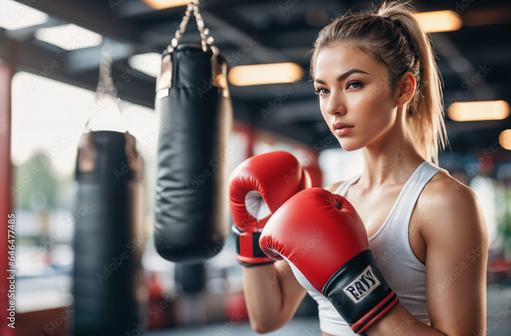 Young woman punches in a boxing gym for exercise.