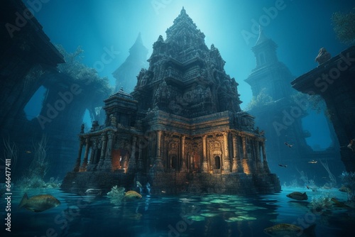 A mystical underwater world with an ancient temple in an ocean filled with enchanting blue hues and captivating lights. Generative AI © Akio