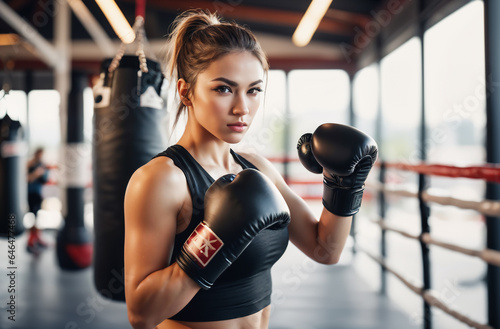 Young woman punches in a boxing gym for exercise.
