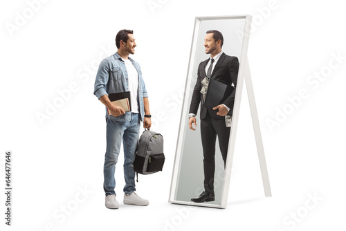 Student with books looking at a businessman with briefcase of money in a mirror