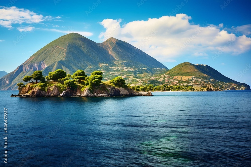 Scenic summer view of volcano island in Lipari, Sicily. Generative AI - obrazy, fototapety, plakaty 