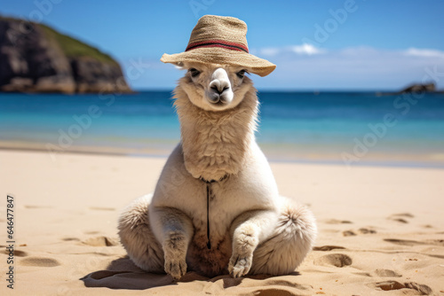 Alpaca on beach, practicing yoga on the beach as the gentle waves