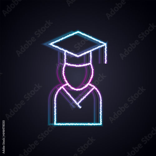Glowing neon line Graduate and graduation cap icon isolated on black background. Vector