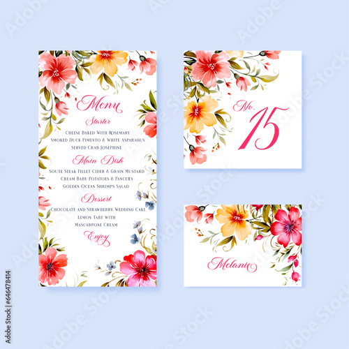 Watercolor floral rustic wedding menu, table and escort cards with vintage wild flowers illustration.