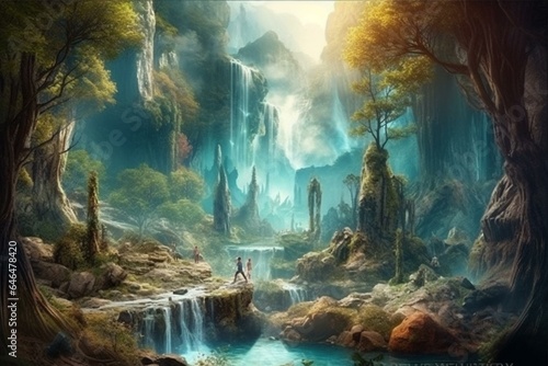 A stunning digital artwork depicting a fantasy landscape with waterfalls  enchanted forests  and elven woods  perfect for wallpapers and backgrounds. Generative AI