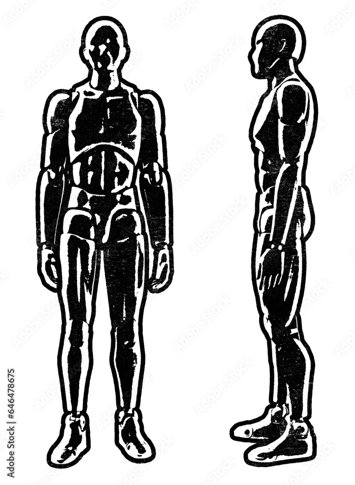 Fototapeta premium Human mannequin retro stencil illustration stamps with distressed grunge texture isolated on transparent background