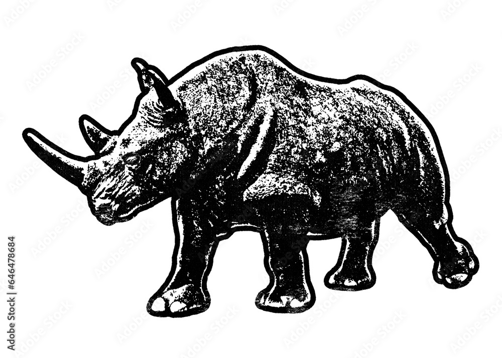 Rhinoceros retro stencil illustration stamp with distressed grunge texture isolated on transparent background