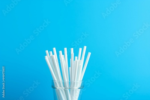 Straws stack for celebration on blue backdrop with blank area. Generative AI