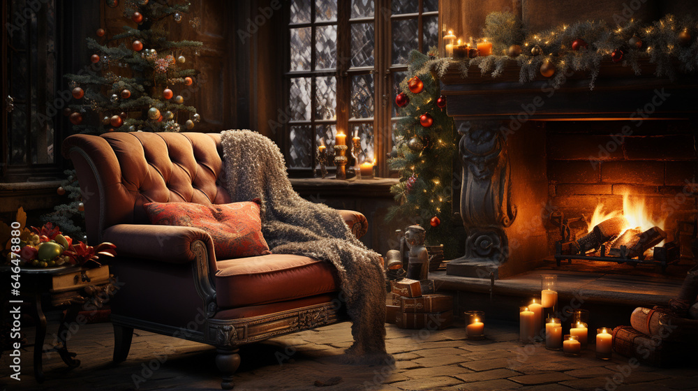 Chair and warm fireplace.