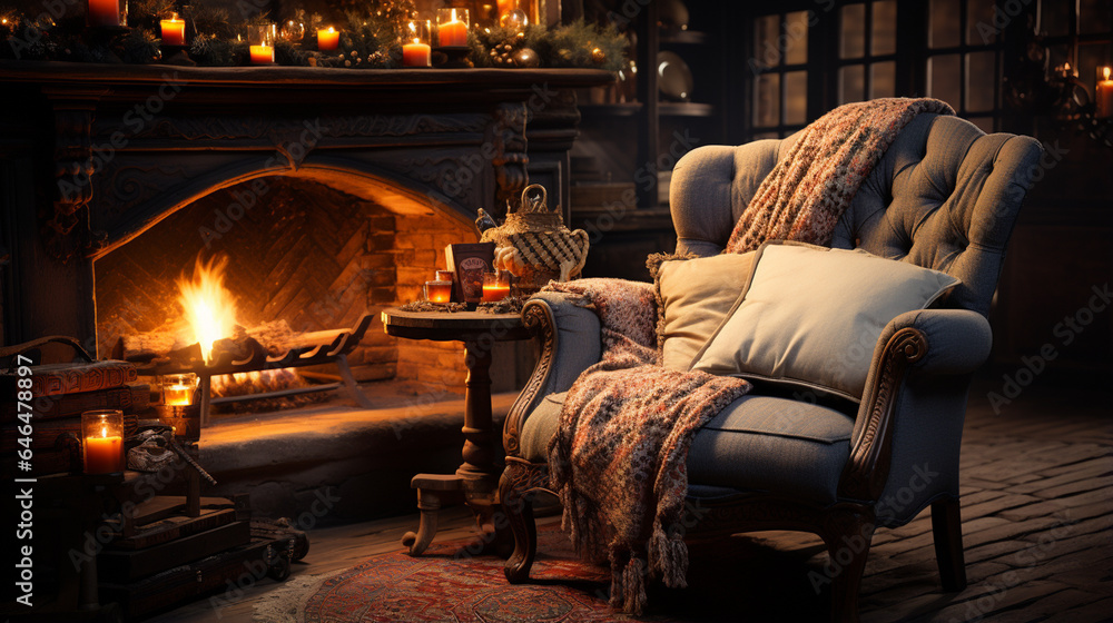 Chair and warm fireplace.