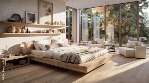 Interior of minimalist scandi bedroom in luxury villa. Simple wooden bed and elements of furniture, wall shelves, chillout area, panoramic windows with park view. Ecodesign. 3D rendering.