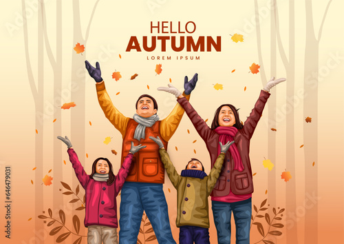hello autumn holyday. Beautiful young family enjoying in autumn forest.