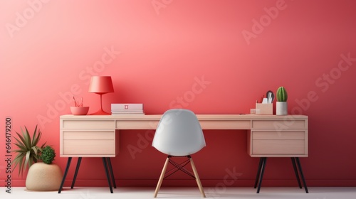 Stylish minimalist monochrome interior of modern office room in pastel carmine red and pink tones. Large desktop, office tools, table lamp, chair. Creative design. Mockup, 3D rendering.