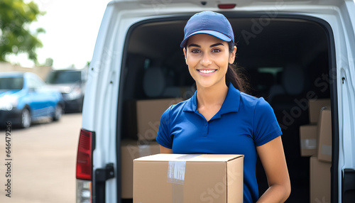 Portrait of a smiling delivery woman in a cap and uniform standing with a box in her hands near the trunk of a van © Andrey_Lobachev