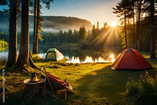 camping in the forest in mountains and have a Lake.