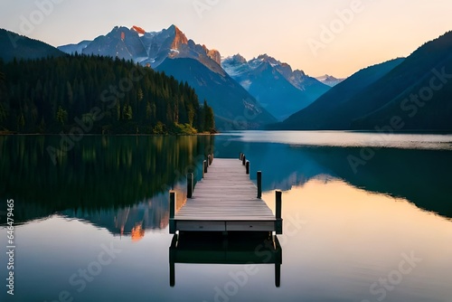 lake and mountains with wooden Pier or Pathway.