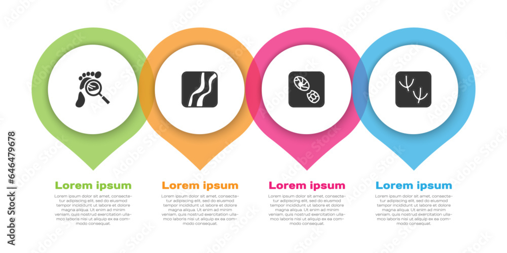 Set Magnifying glass with footsteps, Snake paw footprint, Human footprints shoes and Dove. Business infographic template. Vector