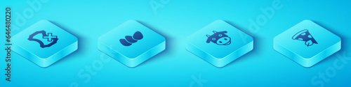 Set Isometric No leather, Chicken egg, Vegan pizza slice and Cow head icon. Vector