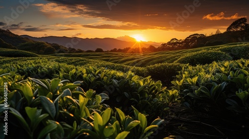 tea plantation sunset with orange light