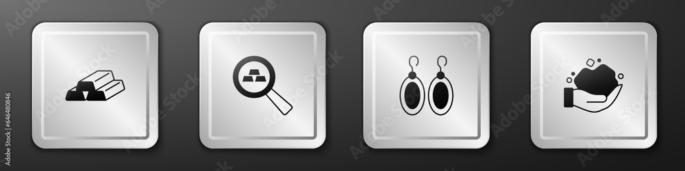 Set Gold bars, Earrings and nugget icon. Silver square button. Vector Set Gold bars, Earrings and nugget icon. Silver square button. Vector