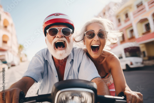Happy excited elderly couple of tourists riding a scooter down the Arab city street. Travel retirement concept. AI generated.