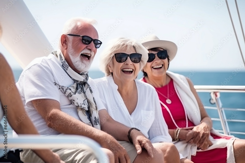 Elderly people smiling and enjoying their vacation on a cruise ship.