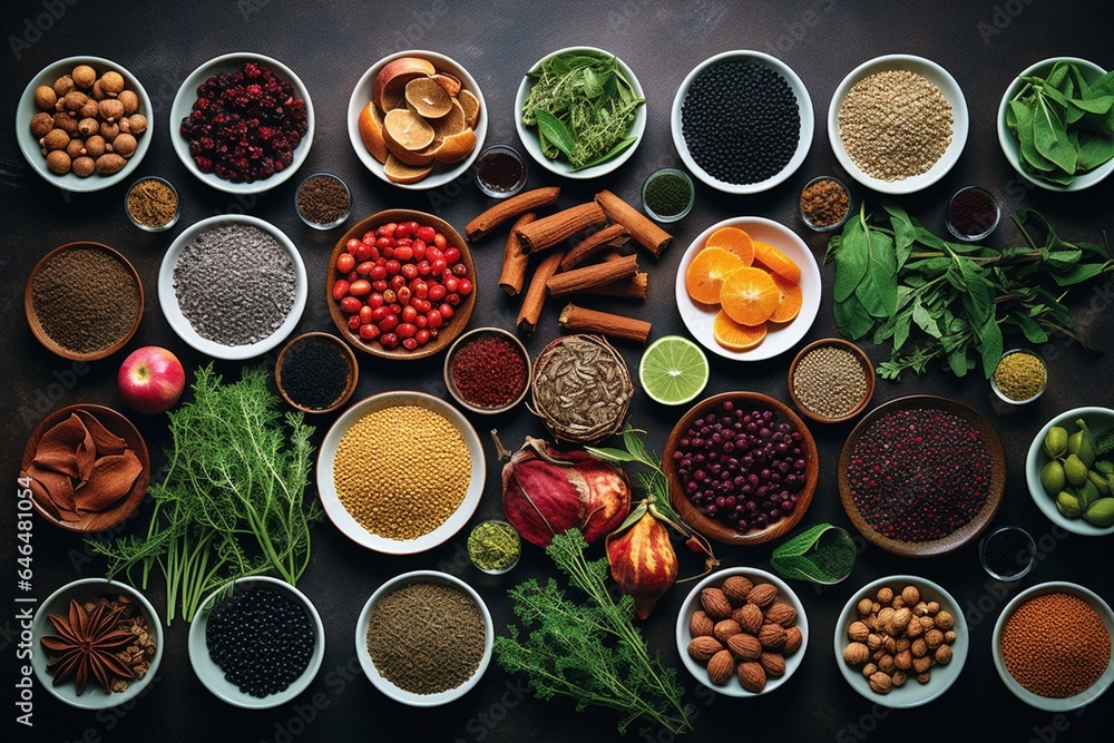 A collection of nourishing and energizing superfoods arranged in porcelain bowls, which include dietary supplements, natural herbs, and spices used in herbal medicine. Flat lay. Generative AI