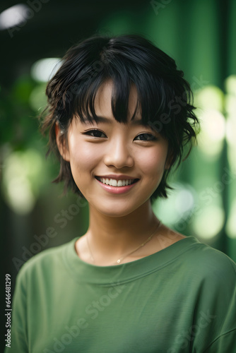 Photo of teen japan girl smiling portrait against light green background in studio. Image created using artificial intelligence.