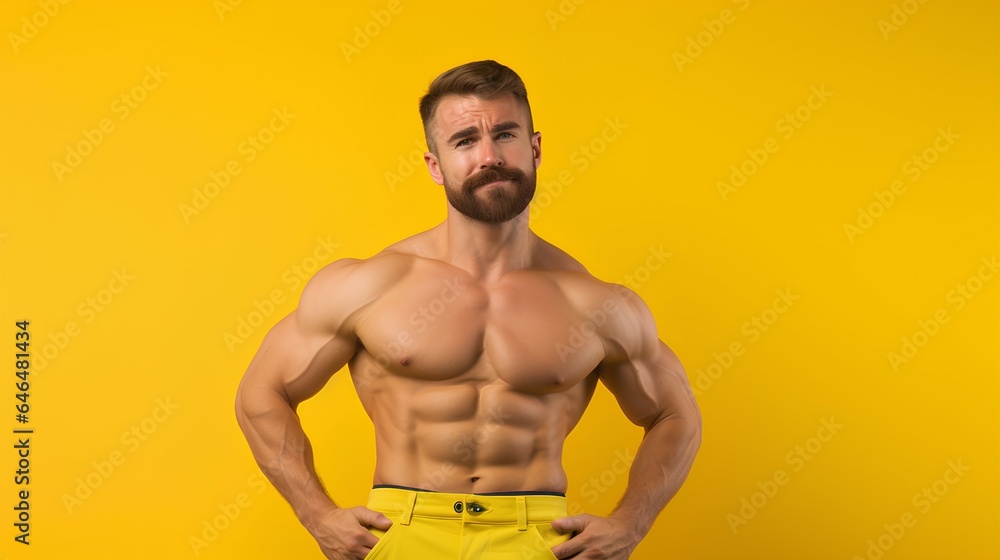 realstic sixpack guy with chest workout gym, isolated yellow background