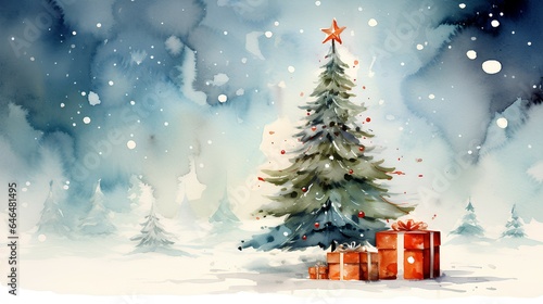 watercolor christmas with gift, tree background
