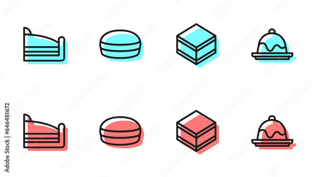Set line Brownie chocolate cake, Piece of, Macaron cookie and Cake icon. Vector Set line Brownie chocolate cake, Piece of, Macaron cookie and Cake icon. Vector