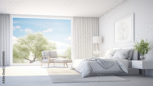 Interior of white minimalist scandi bedroom in luxury cottage or hotel. Large comfortable bed  side tables  armchair  panoramic windows with scenic landscape view. Ecodesign. Mockup  3D rendering.