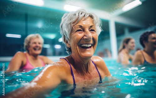Elderly happy and smiling women do aqua aerobics in the indoor pool
