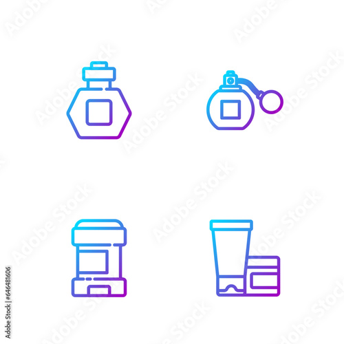 Set line Cream or lotion cosmetic tube, Antiperspirant deodorant roll, Perfume and . Gradient color icons. Vector