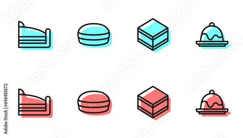 Set line Brownie chocolate cake, Piece of, Macaron cookie and Cake icon. Vector