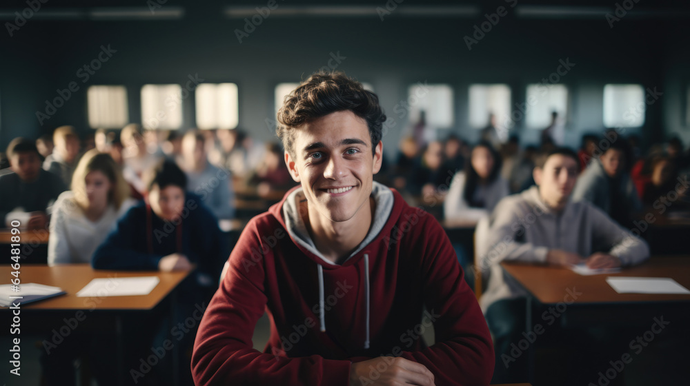 Fototapeta premium young man in a university high school with blurred group of students studying in the classroom, education and learning concept, Generative AI