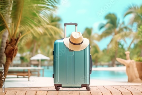 turquoise Suitcase with a hat standing on a clean tropical background with palm trees, copy space, © Margo_Alexa