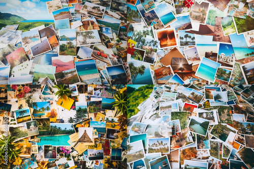 Top view of A collage of many photos. Lots of vacation travel photos.