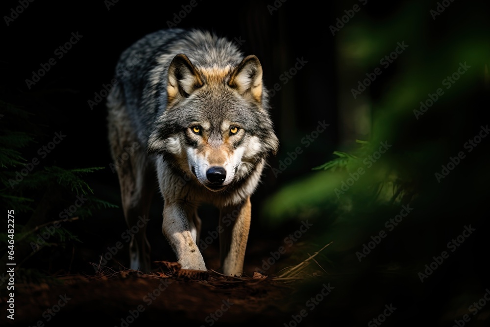 Stealthy motion of a majestic gray wolf in the forest - isolated on black background - silent predator hunting - woodland wilderness - generative ai