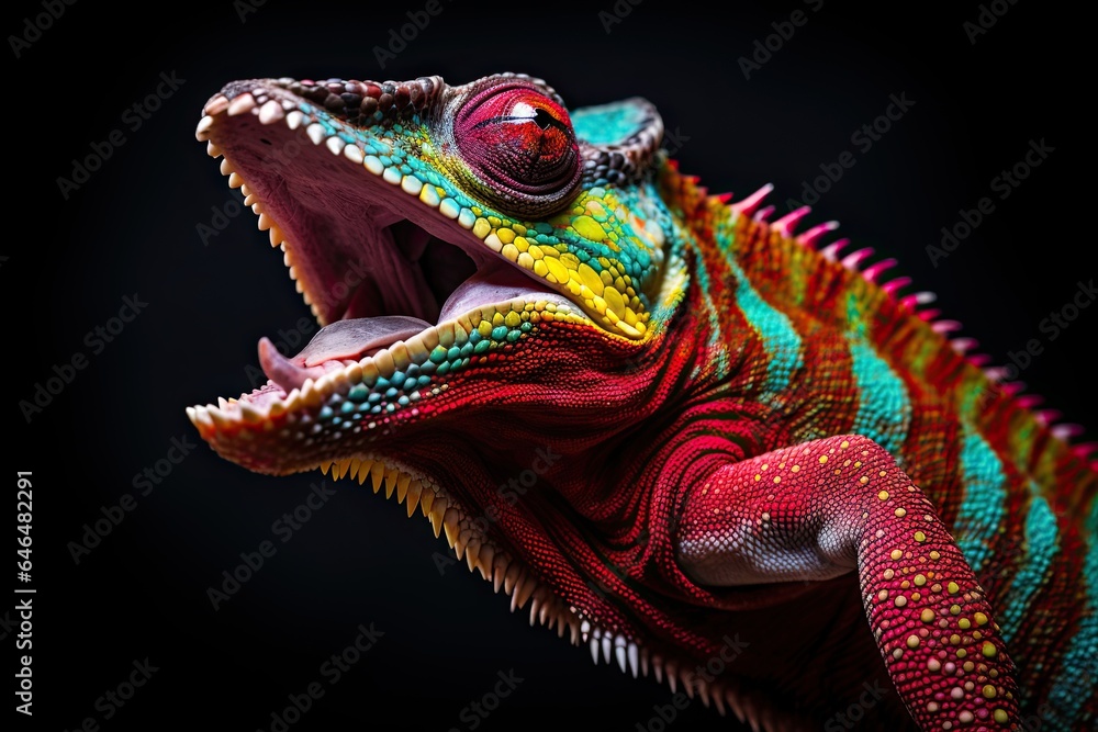 Obraz premium colorful chameleon about to snap it's tounge - vibrant reptile isolated on black background - generative ai