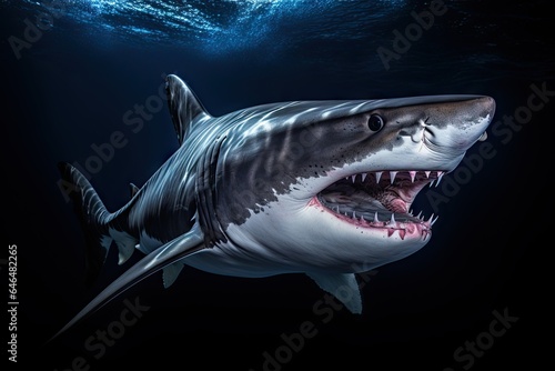 hunting tiger shark - ocean predator - dangerous diving experience - isolated on dark background- generative ai