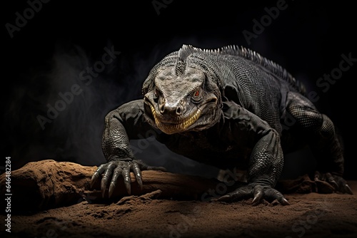 komodo dragon moving slowly and stealthy - dangerous predator on the hunt - isolated on black background - prehistoric lizard - generative ai © Cristiano Venti