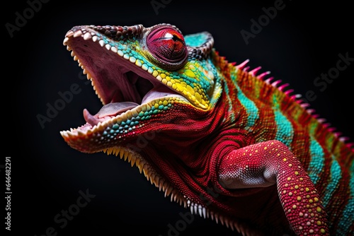 colorful chameleon about to snap it's tounge - vibrant reptile isolated on black background - generative ai