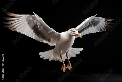 seagull in flight about to land - isolated on black background - flying bird 